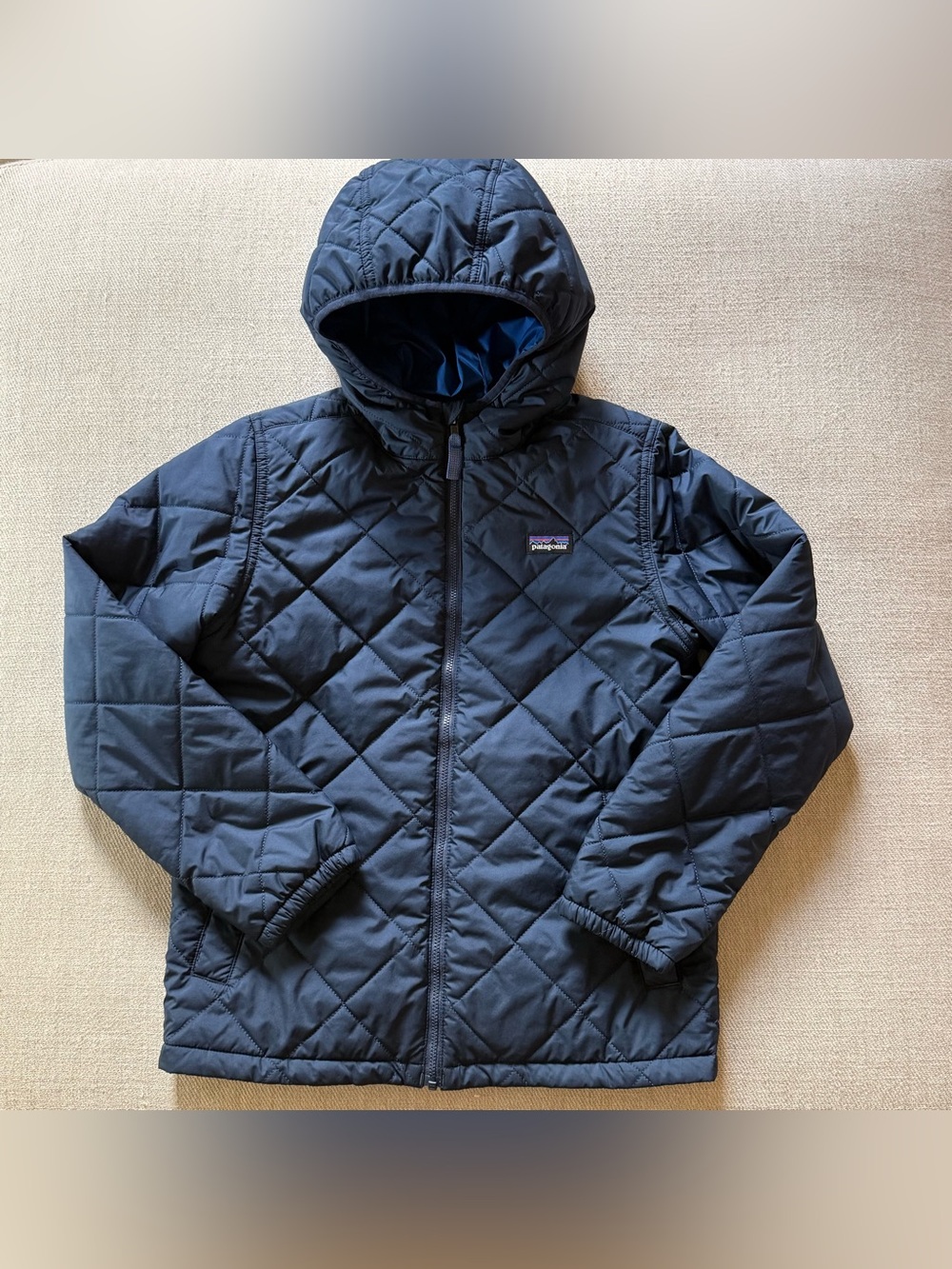 Patagonia Boys' Diamond Quilt Hoody Jacket Navy Blue (NENA) Size L 12 Insulated